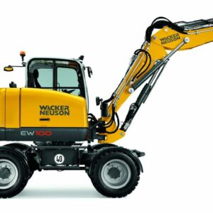 Mini-pelle sur pneus WACKER NEUSON EW 100 avec flèche monobloc, Tony-Mat tractopelle et engins de chantier BTP Bretagne Morbihan